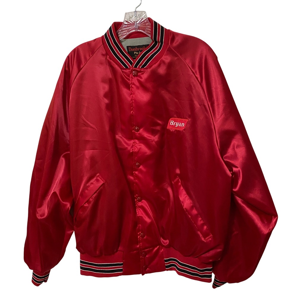 Vtg 80s Dunbrooke Pla-Jac Bryan Foods Employee Red Satin Bomber Jacket XL USA